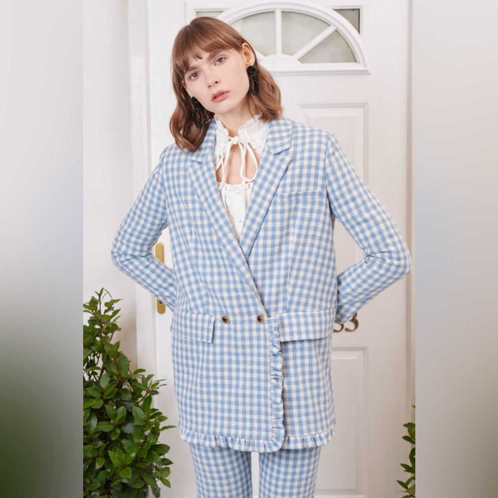 Sister Jane Gingham Tweed Blazer Blue White Buttons Pockets Women’s Size XS